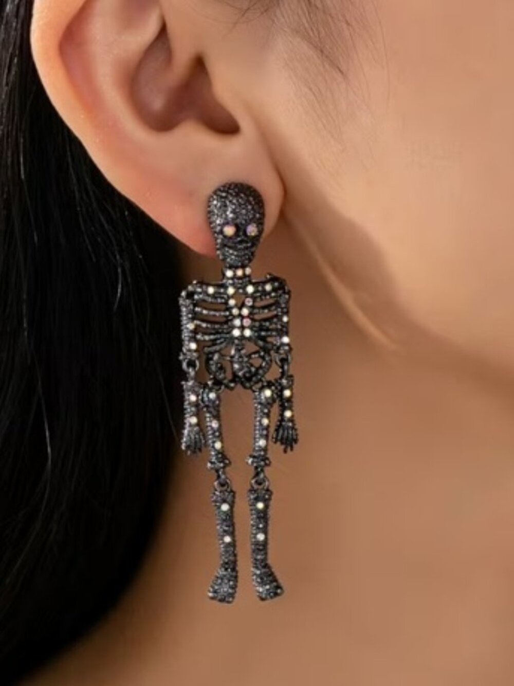 DESIGNER Goth Halloween Articulated Skeleton Gunmetal Crystal Earrings**NEW!